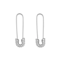 Detailed macro view of silver safety pin earrings with sparkling zircon micro-paving - Silver