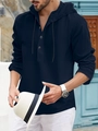 Men's navy blue long sleeve hooded pullover with buttons and breathable fabric - Navy Blue