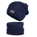 Navy blue winter knitted beanie and neck warmer set with thick fleece lining - Navy Blue