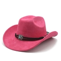 Detail of fuchsia suede cowboy hat with black braided band and turquoise metal buckle - M (56-58cm) / Rose Red