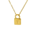 Golden lock pendant necklace with letter T engraving and fine O-chain on white background - Letter T