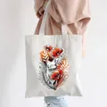 White canvas tote bag featuring an artistic fox and red poppy flower print - Style C11-Fox And Poppy