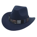 Detail of navy felt cowboy hat featuring bronze eagle emblem and flag patterned band - Eagle Belt / Navy Blue