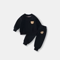 Kids warm black cotton tracksuit with cute brown teddy bear plush patch decoration - 90cm / Black