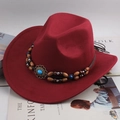 Deep red wool felt cowboy hat with ethnic beads and blue turquoise stone detail - Double Row Beads / Burgundy