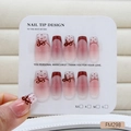 Faux ongles dégradé rose œil de chat avec pointes French rouges et nœuds 3D bruns - M / Style Noeud 3D et Pois (FM298)
