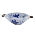 Japanese style white ceramic bowl with blue floral pattern and brown side handles - Chrysanthemum