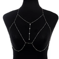 Detailed view of silver body chain with rhinestones on a professional black mannequin - Body Chain / Silver