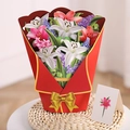 3D pop-up greeting card featuring a red bouquet with lilies and a golden bow accent - Lily