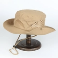 Detail of khaki sun hat featuring breathable side mesh windows and adjustable chin strap - One Size(Adjustable) / Khaki