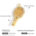 Golden stainless steel tennis racket charm with crystals and measurement details - Rhinestone Tennis Racket Pendant PJ93253