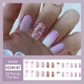Press-on nail set with purple gradient designs and rhinestones, 24 pieces included - Jelly Glue Type / DZ240-B7 Sparkly Taro White
