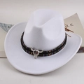 Classic white felt western cowboy hat featuring an ethnic band and silver bull skull charm - Tibetan Cloth Bull Head / White