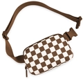 Waterproof checkerboard waist bag in coffee and white with adjustable strap - Caramel Checkerboard