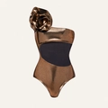Chic bronze metallic one-piece swimsuit with 3D floral accent and waist cutout detail - S / One-Shoulder Monokini - Bronze