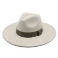 Detail of classic wide brim fedora hat with elegant dark brown ribbon decoration - M (56-59cm) / Beige Suede