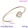 Rose gold stainless steel open bangle with heart crystal and shell pearl charm - Rose Gold Clear Crystal Heart Shell Pearl Style (KB123114-K)