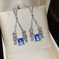 Boucles d'oreilles pendantes en argent avec pierre bleu foncé et accents de zircons blancs - 66# Clous d'oreilles pendentif carré goutte zircone bleu argent