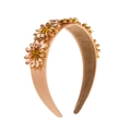 Macro detail of Baroque floral headband featuring champagne satin and crystal sunflower inlay - Champagne