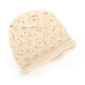 Detail of handmade crochet flower pattern on cream knit beanie with ribbed edge texture - One Size / Off White