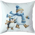 Housse de coussin de Noël blanche avec motif de bonhomme de neige et pingouin patineur - Style 23