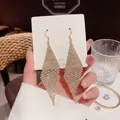 Luxurious geometric tassel drop earrings featuring sparkling rhinestones on S925 silver pins - Gold Full Rhinestone Long Diamond Tassel Hook Earrings (E0092金)