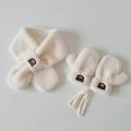 Detail view of plush beige winter scarf and gloves set with brown bear embroidery - One Size / Scarf Mittens Set / White