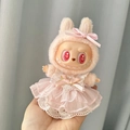 Pink lace layered dress outfit for Labubu doll with a matching bow headband accessory - Pink And Delicate Fairy Dress With Bow / First And Second Generation Keychains Are Compatible With La Cloth Dolls. Dolls Not Included.