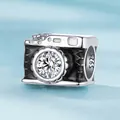 S925 sterling silver retro camera charm with sparkling cubic zirconia stone center - SCC3087 / Black