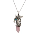 Collana con pendente a forma di drago vintage in argento, occhi blu e cristallo rosa - Quarzo Rosa Catena in Acciaio Inossidabile