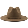 Classic dark brown wool felt fedora hat with flat wide brim and decorative band - Khaki