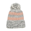 Close-up of pink and grey striped knitted beanie with a large faux fur pom-pom detail - Pink White Black Stripe