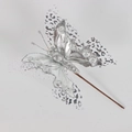 Silberner Glitzer-Schmetterling Weihnachtsblume Deko mit Stiel für festliche Gestecke - THF09 Doppelschichtig Hohl / Silber