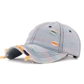 Distressed light blue denim baseball cap with colorful orange and green rip details - Color 5 (Light Blue Distressed)