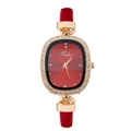 Women's quartz watch with red leather strap, rhinestone bezel, and rose gold details - Red