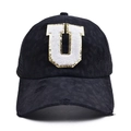 Detail of distressed cotton baseball cap with sequined U patch and breathable mesh - Letter U Style (U-漏洞马尾棒球帽)