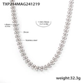 Silver stainless steel heart link necklace with white zircon pavé, 8mm width luxury style - Steel Color White Zircon Necklace (TXP214)