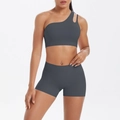 Dunkelgraues One-Shoulder-Yoga-Set mit Sport-BH und Fitness-Shorts mit hohem Bund - S / Oberteil Und Unterteil / Graphitgrau