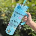 Blue 40oz stainless steel tumbler with handle, straw, and marine sea life pattern - 1250ml / Sea Puzzle