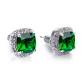 Classic cushion-cut emerald green zircon stud earrings with white halo in silver finish - Green