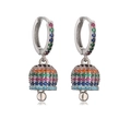 Detail of bell-shaped drop earrings featuring multi-color crystals and silver finish - Platinum Multi Zirconia