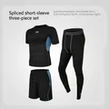 Set fitness uomo 3 pezzi in Thunder Blue con top a compressione e pantaloncini sportivi - Taglia S / Set da 3 Pezzi Pantaloni Aderenti Patchwork (Sopra e Sotto) / Blu