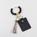 Silicone bead keychain bracelet with black leather card holder and leopard tassel - Black