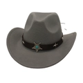 Close-up of a grey felt cowboy hat featuring a brown belt with turquoise star detail - Grey (Star Decor)