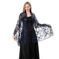 Elegant navy blue mesh shawl with sequin embroidery for evening bridal party dress - Navy Blue