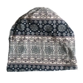 Detail of ethnic paisley print on navy jersey beanie with heart pattern and wavy edges - Ins Sunflower White