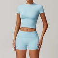 Women's light blue high waist workout set with crop top and compression shorts - S / Top And Bottom / Short Sleeve + Shorts / Sky Blue