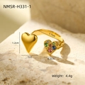 Detailed view of golden heart ring with colorful gemstones and size specifications - Colorful Zirconia