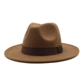 Classic brown felt fedora hat with a decorative dark grosgrain ribbon for autumn - Khaki