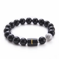 Black agate and white turquoise beaded bracelet with golden stripe charm and silver accents - Letter I